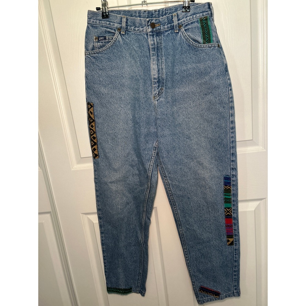 Lee Vintage 90s Mom Jeans 14 Long High Waist Tapered Leg Aztec Ribbon Trim‎ USA
